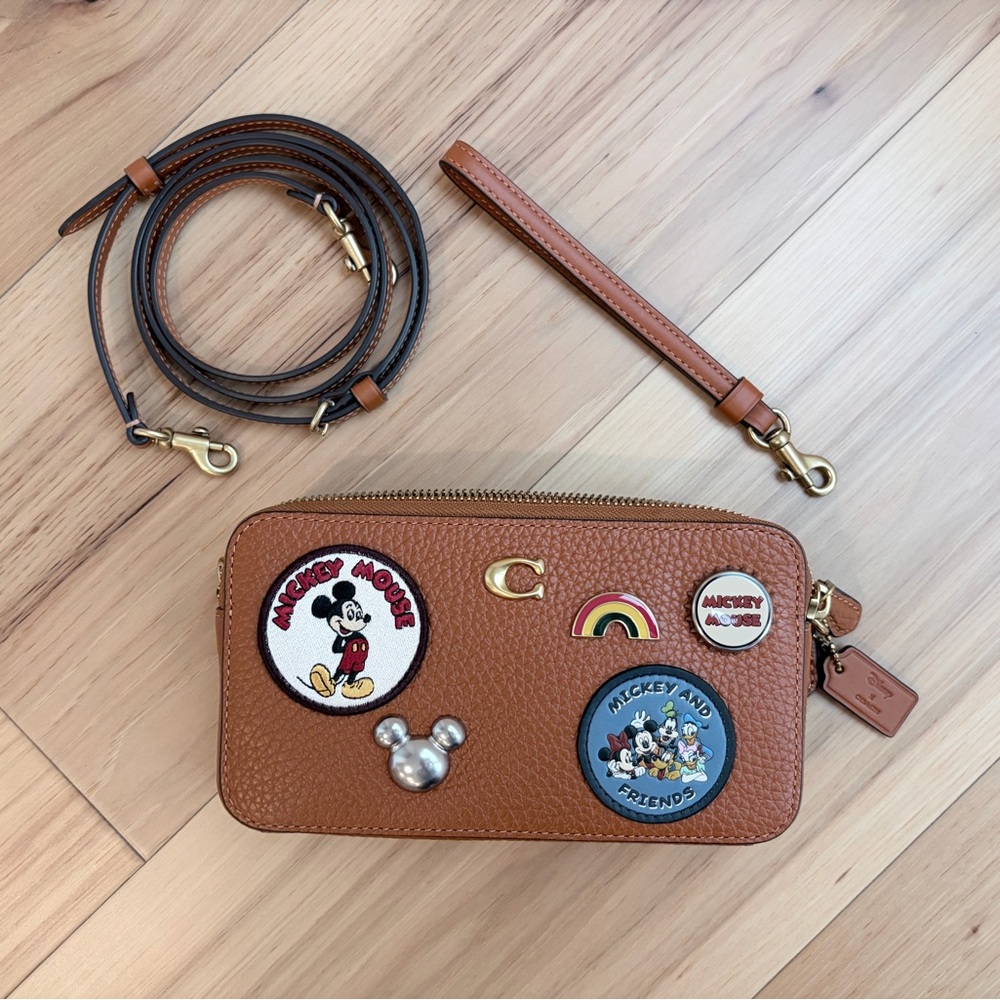 Coach Mickey Mouse Brown Pebbled Leather Crossbody Wallet